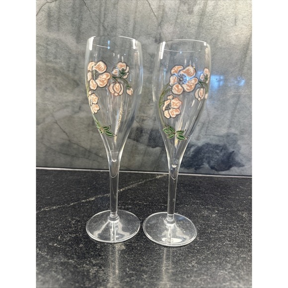 Perrier Jouet Belle Epoque Champagne Flutes Hand-Painted Crystal 7 1/2" 2PCS VTG - Picture 5 of 5
